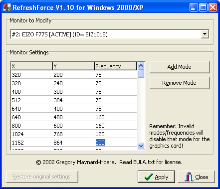 Řešení obnovovacích frekvencí monitorů ve Windows XP/2000