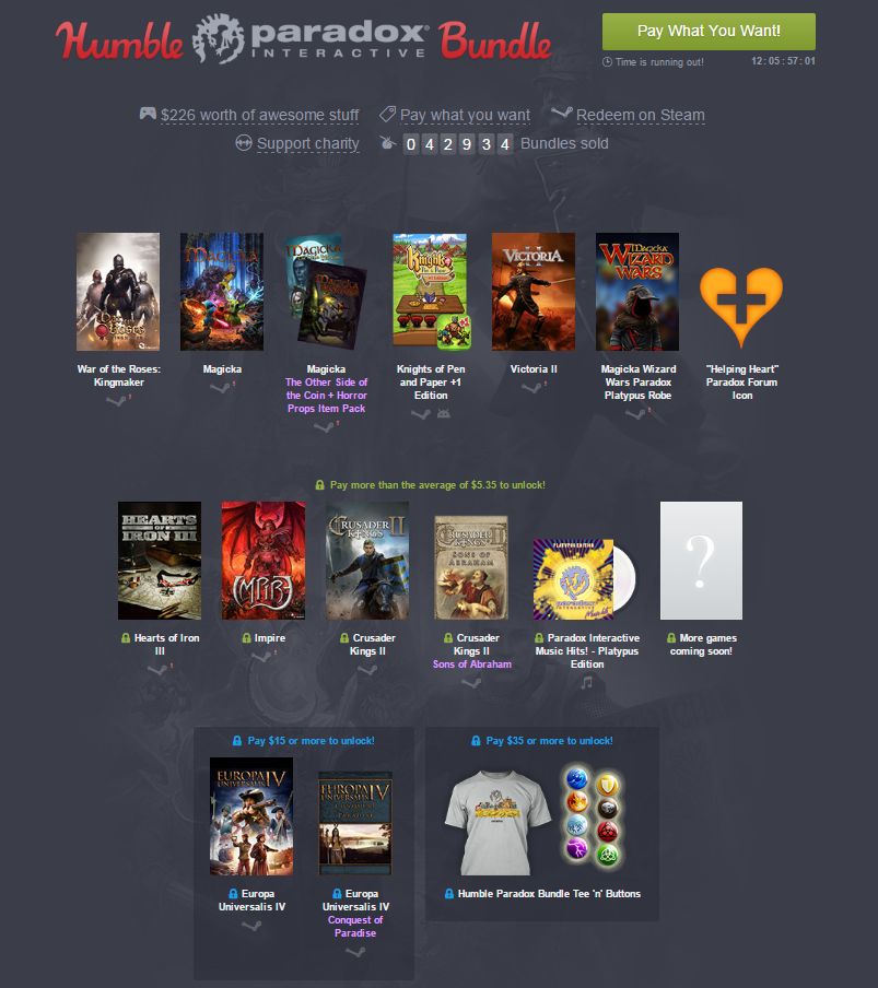 V nabídce Humble Bundle najdete hry od Paradox Interactive: Crusader Kings 2, Europa Univerzalis IV, Magicka a další