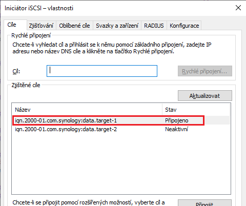 Kontrola stavu přes rozhraní iSCSI Initiatoru