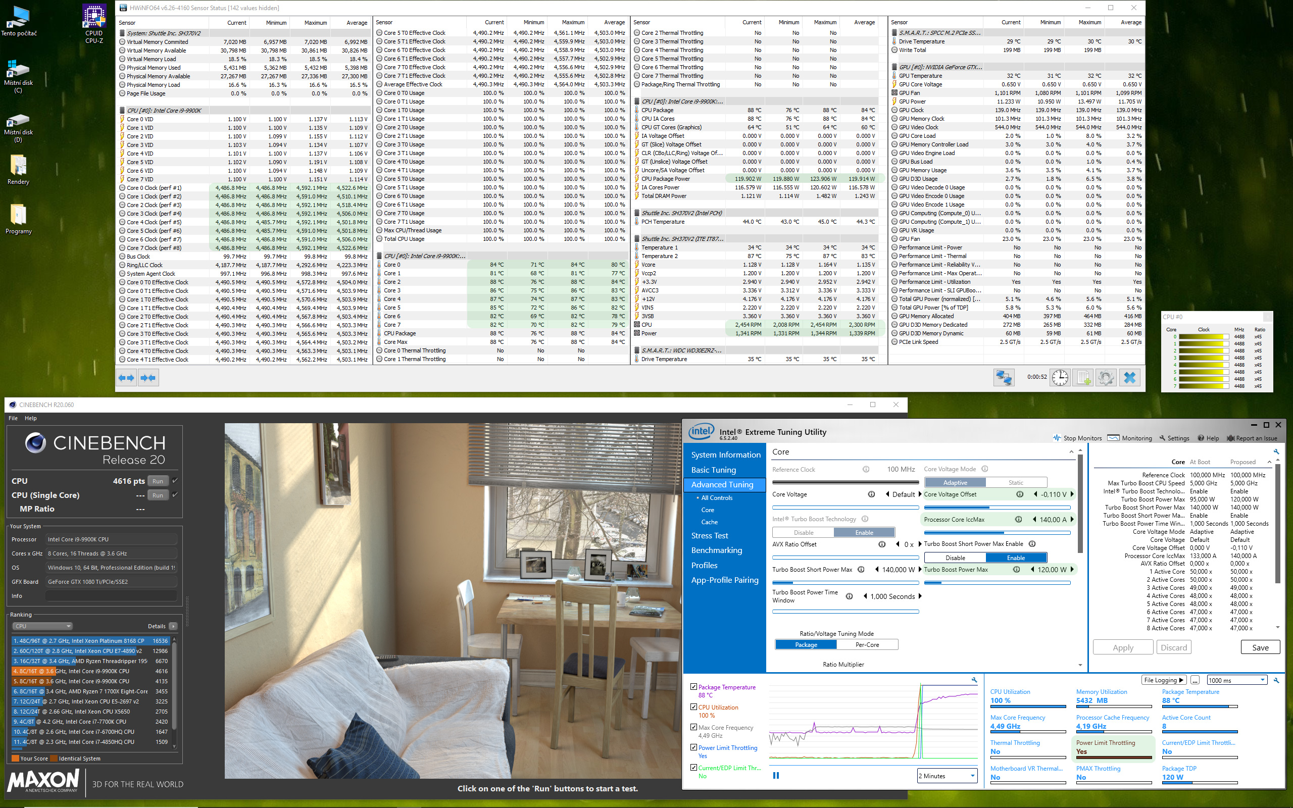 Render č. 9 – Cinebench R20 + XTU – napětí -0,110 V, TDP 120 W, IccMax 140 A, Smart Fan Mode