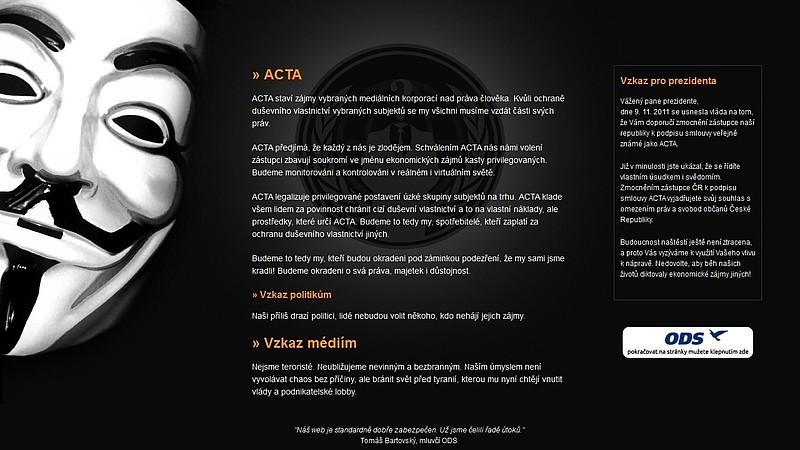 Anonymous hacknuli web ODS na protest proti smlouvě ACTA