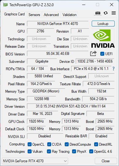 Gigabyte GeForce RTX 4070 Aero OC 12G: Tichá a úsporná