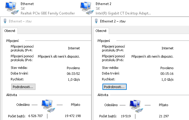 Dvě zapojené síťové karty