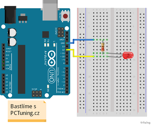 Schématické připojení LED k digitálnímu vstupu/výstupu procesoru.