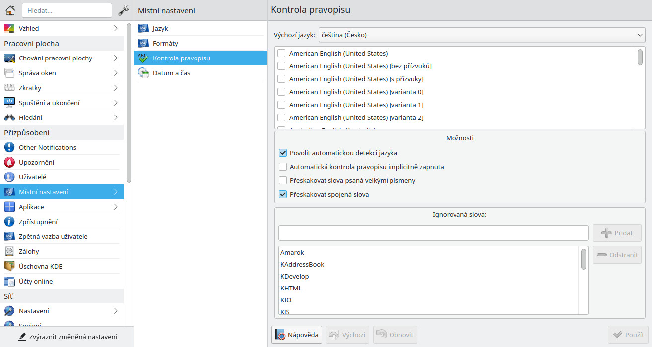 Místní nastavení - Kontrola pravopisu