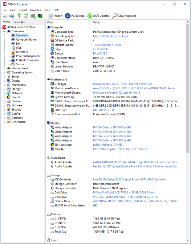 Kompletní výpis komponent počítače z aplikace AIDA64