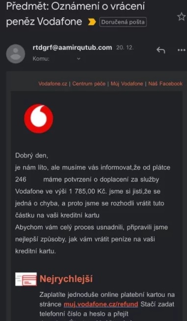 Na české zákazníky Vodafonu před Vánoci útočí podvodníci