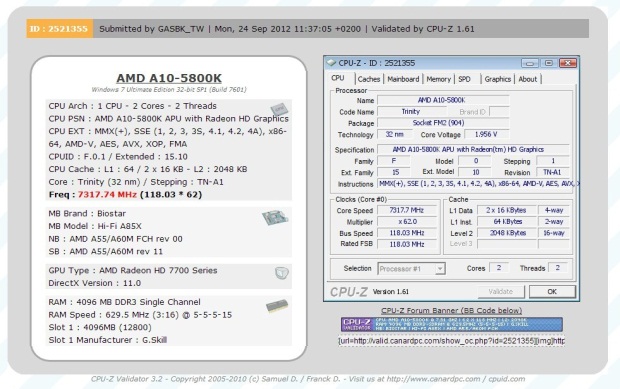 Hybridní čip AMD A10-5800K přetaktován na frekvenci 7317 MHz