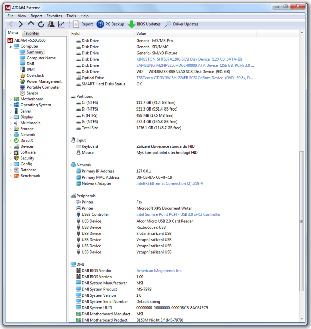 Kompletní výpis komponent počítače z aplikace AIDA64