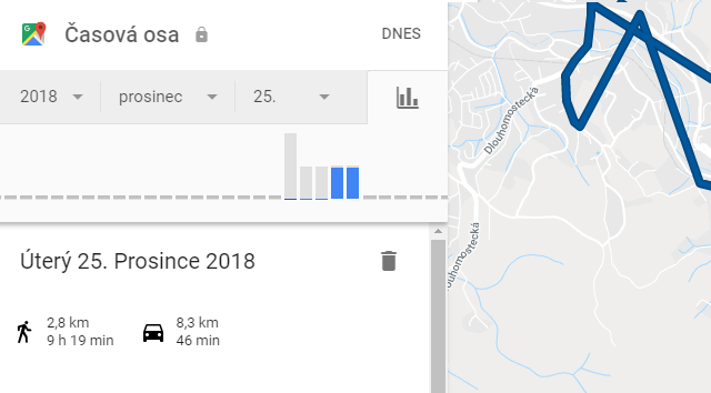 Google Mapy: Nabídka->Časová osa a prohlížení tras