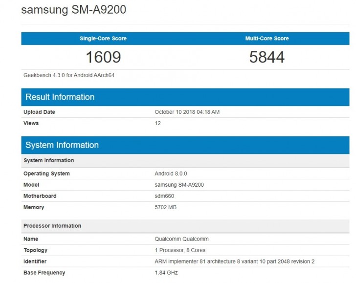 První smartphone s 5 fotoaparáty na světě (Samsung Galaxy A9) se představil v benchmarku