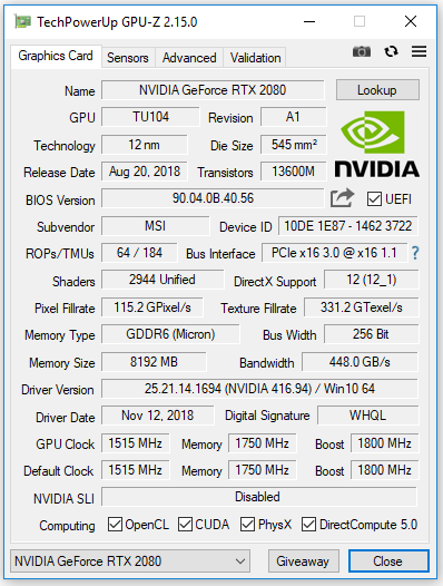 Grafické jádro TU104 na RTX 2080