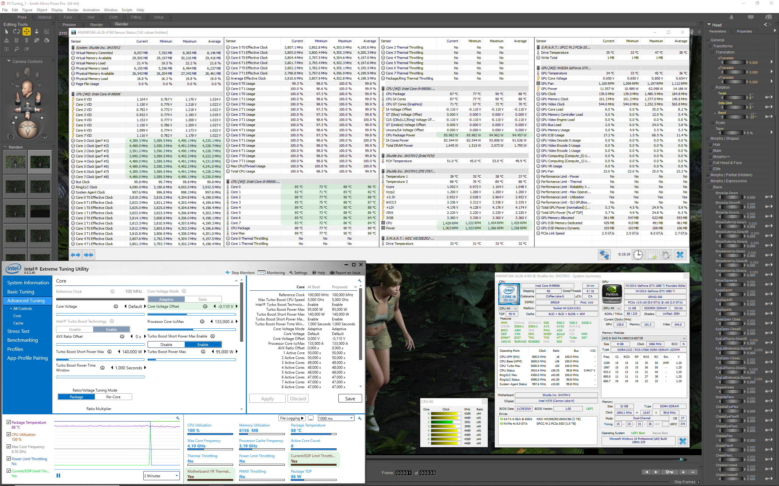 Render č. 10 – Poser Pro 11 + XTU – napětí -0,110 V, TDP 95 W, Smart Fan Mode