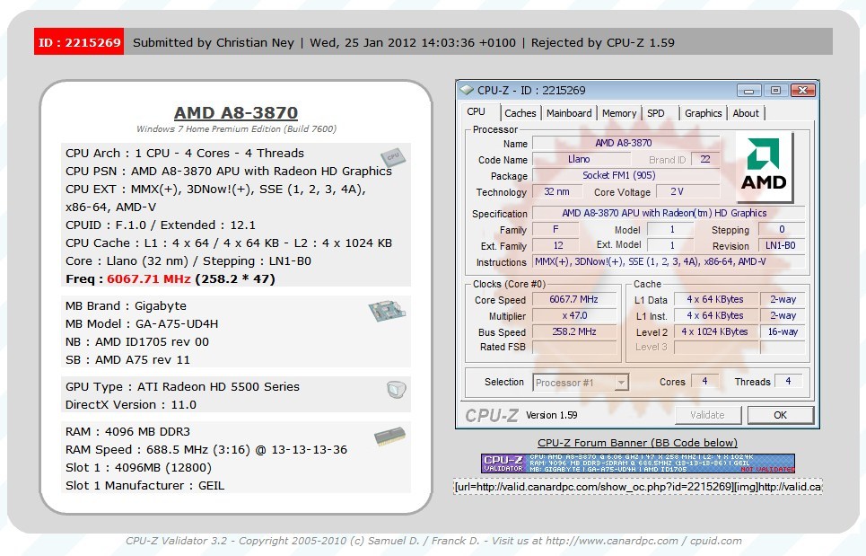 APU A8-3870K přetaktováno na frekvenci 6067 MHz