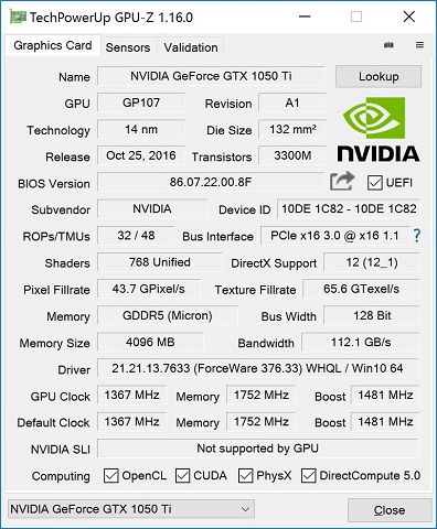 Palit GTX1050Ti DUAL OC 4G GPU-z