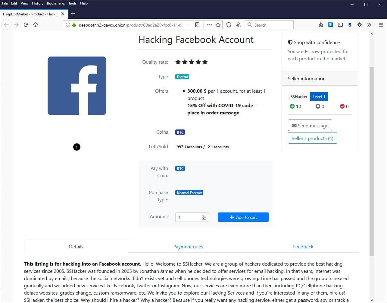 Hackeři zneužívají pandemie, nabízí slevy na hackování facebookových účtů i útočné nástroje