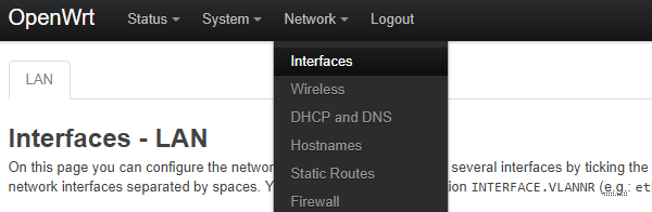 Menu Network - Interfaces (Síť -> Rozhraní)