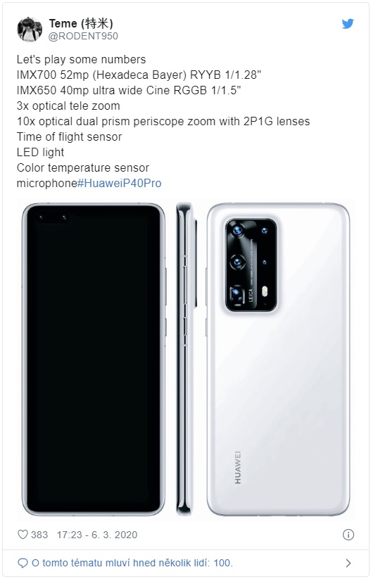 Huawei neuhlídal informace o fotoaparátu smartphonu P40 Pro