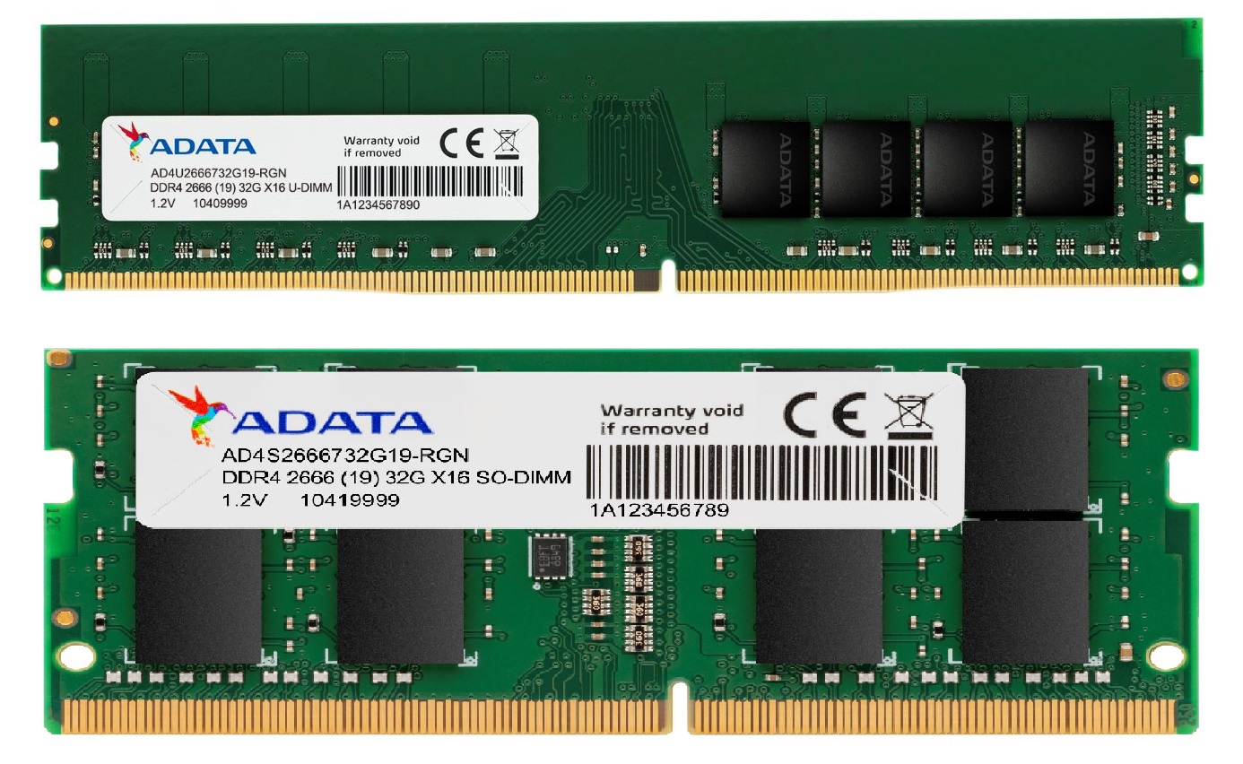 ADATA uvádí paměťové moduly DDR4-2666 U-DIMM a SO-DIMM s 32 GB