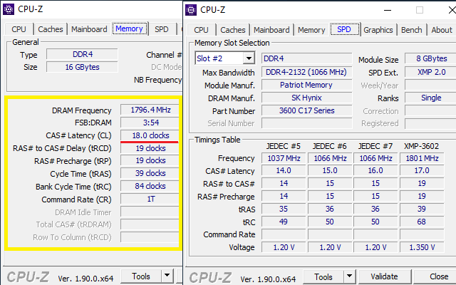 CPU-Z Výchozí nastavení pamětí