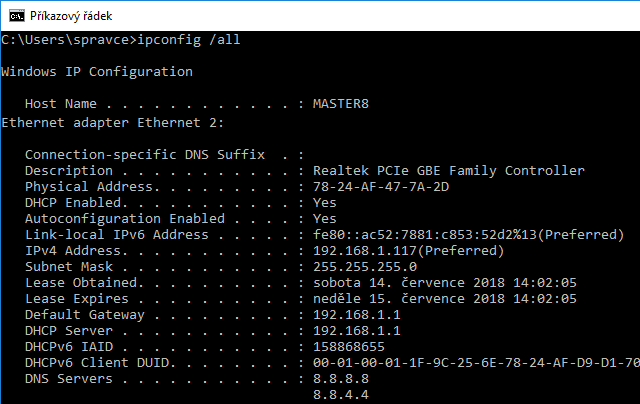 Stav konfigurace ipconfig /all