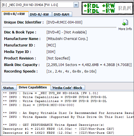 NEC ND-3540A, vypalujeme DVD+R DL 8x