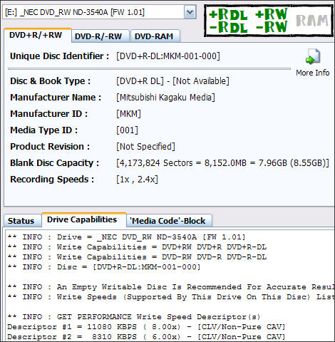 NEC ND-3540A, vypalujeme DVD+R DL 8x