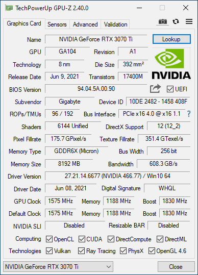 Gigabyte GeForce RTX 3070 Ti Gaming OC v testu