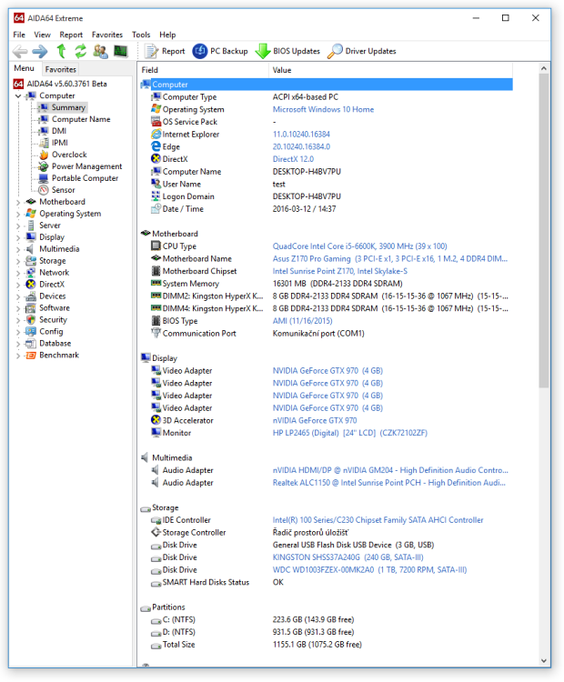 Kompletní výpis komponent počítače z aplikace AIDA64