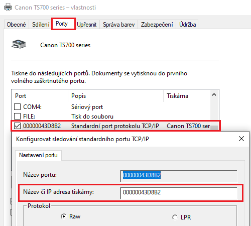 Tiskárna se vyhledává podle jména