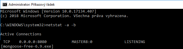 Ověření příkazem Netstat - na portu 8080 naslouchá program Mongoose