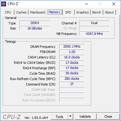 Frekvence 4000 MHz, napětí 1,5 V, časování CL16-17-17-39 2T, tRFC - 280, tCKT - 1, tRRDS - 6 a tFAW 24