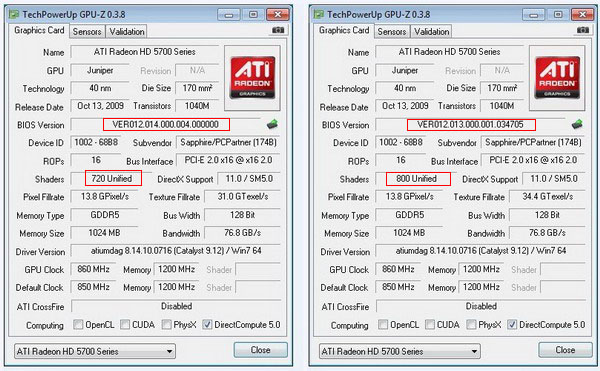 Problémový BIOS u Sapphire HD 5770 - 720 místo 800 stream procesorů