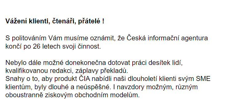 Česká Informační Agentura (ČIA) končí