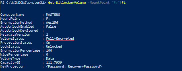 Výpis stavu připojeného disku Get-BitLockerVolume