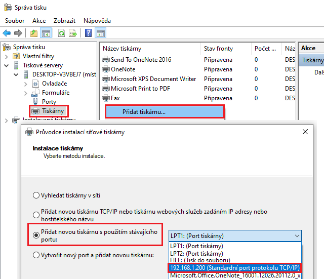 Přidání tiskárny se stávajícím portem