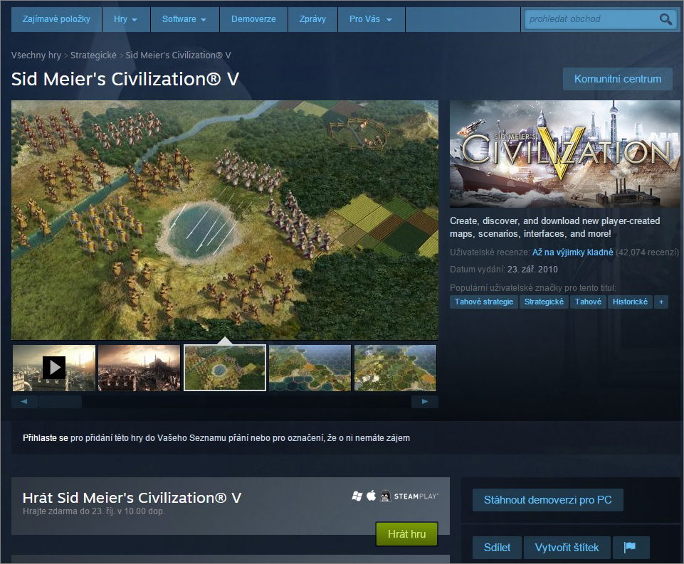 Akce na Steamu: Zahrajte si zdarma strategii Civilization V