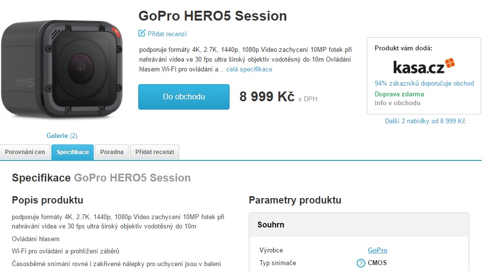 České ceny akčních kamer GoPro Hero 5 Black a Hero 5 Session