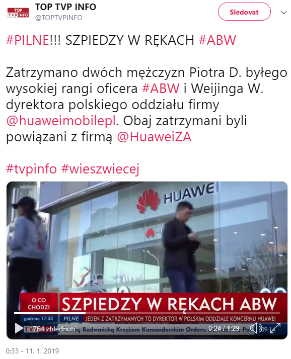 V Polsku byl zatčen zaměstnanec čínské firmy Huawei 