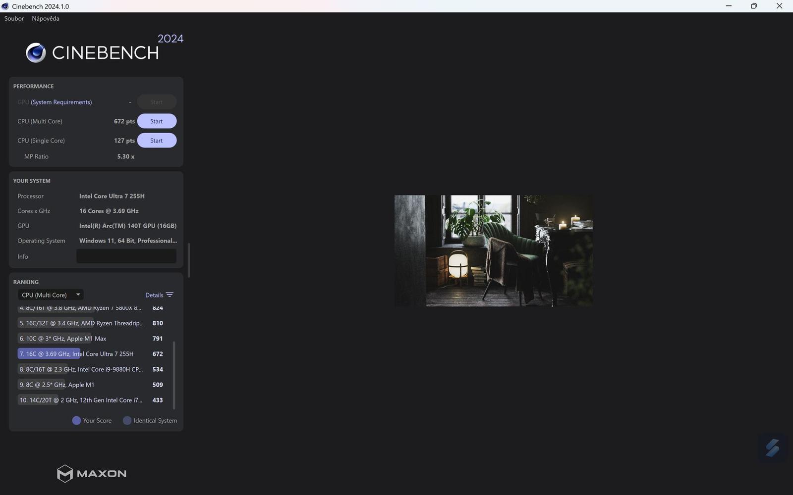 Cinebench ukazuje slušný, ale ne ohromující výkon.