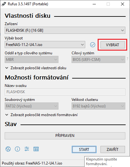 Program RUFUS pro nahrávání obrazů disků na USB