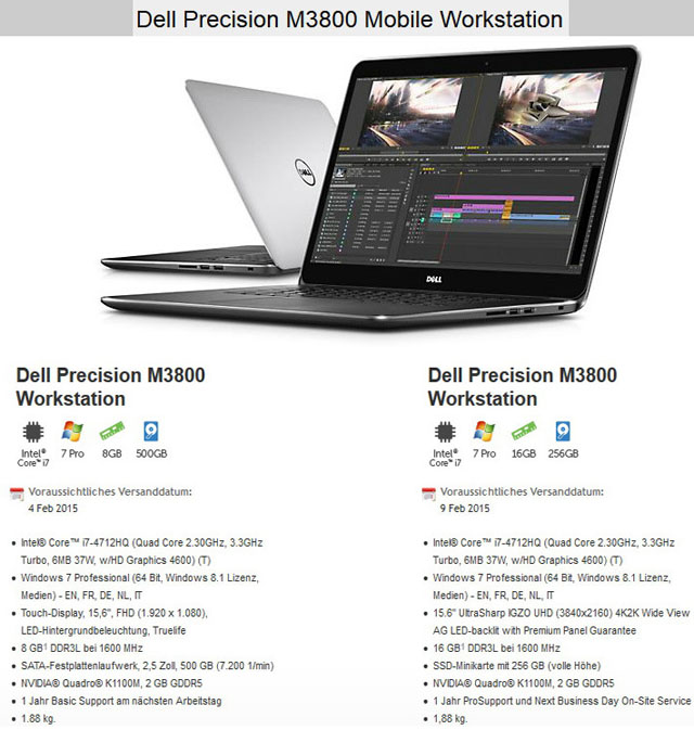 Profesionální pracovní notebook Dell Precision M3800 se dočkal nových konfigurací