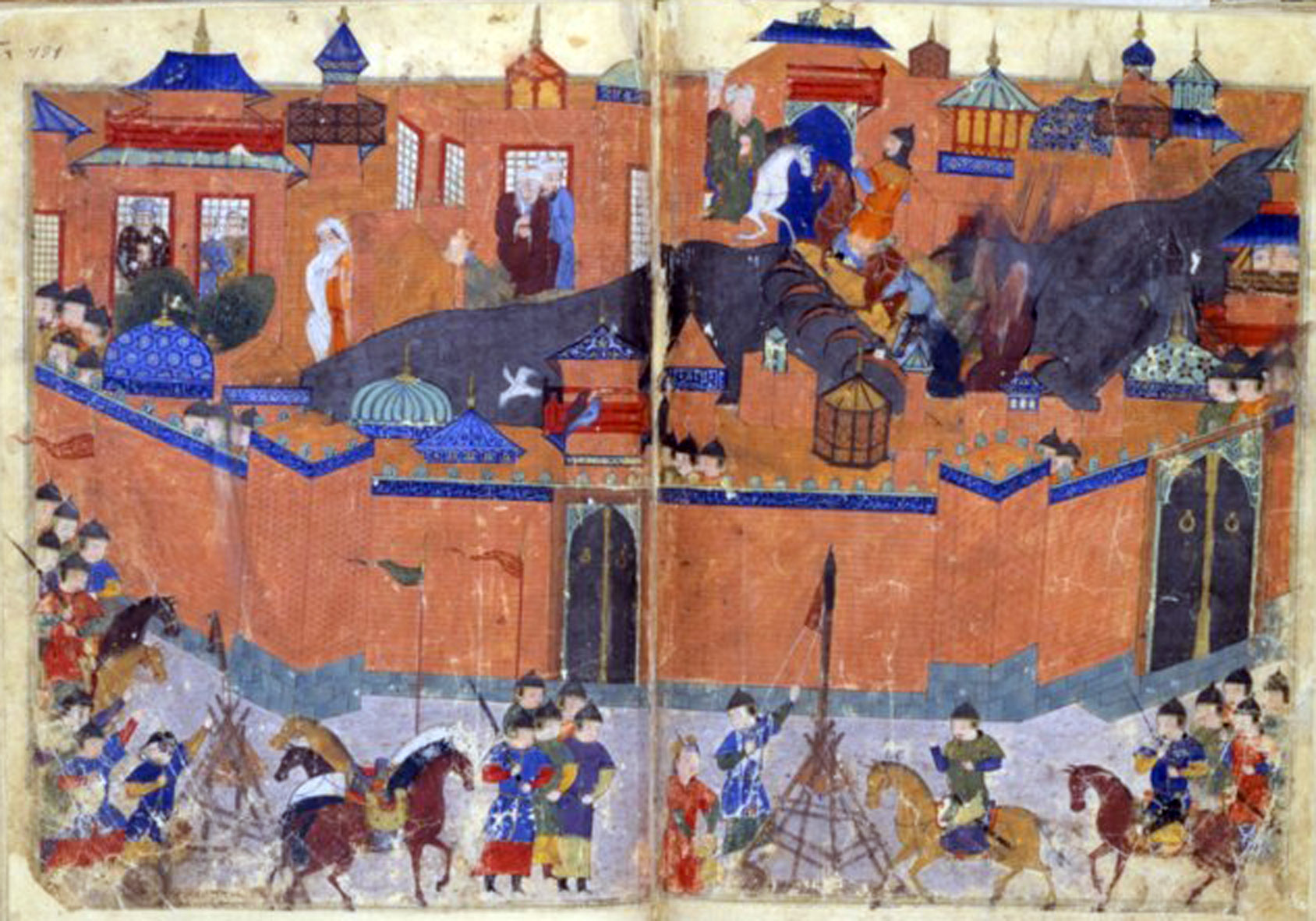 "Hulagu Baghdad 1258" by Sayf al-Vâhidî. Hérât. Afghanistan - Bibliothèque nationale de France. Département des Manuscrits. Division orientale. Supplément persan 1113, fol. 180v-181. Licensed under Public Domain via Commons.