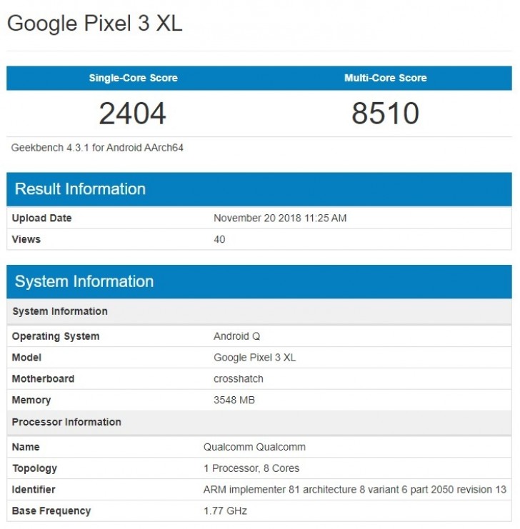 Google Pixel 3 XL s Androidem Q se ukázal v Geekbench