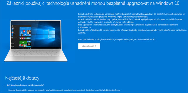 Bezplatný upgrade na Windows 10 pro zákazníky využívající technologie usnadnění letos končí