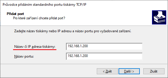 Zadání IP adresy tiskárny