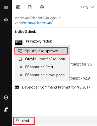 Některé příkazy vyžadují mít CMD spuštěný jako správce!