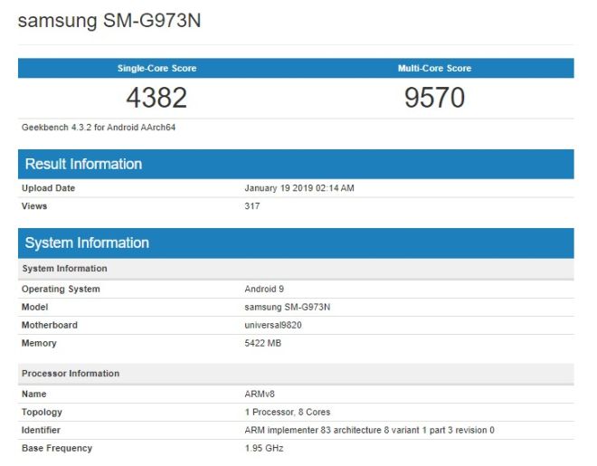 Samsung Galaxy S10 ve výkonnostním testu Geekbench