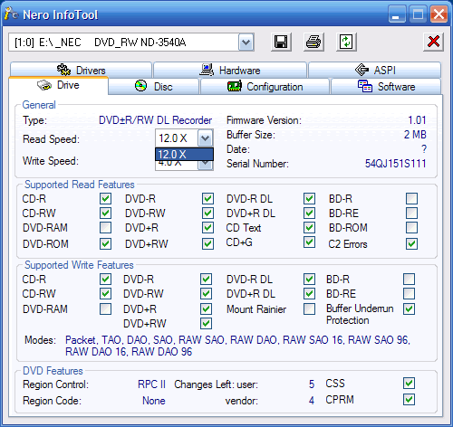 NEC ND-3540A, vypalujeme DVD+R DL 8x