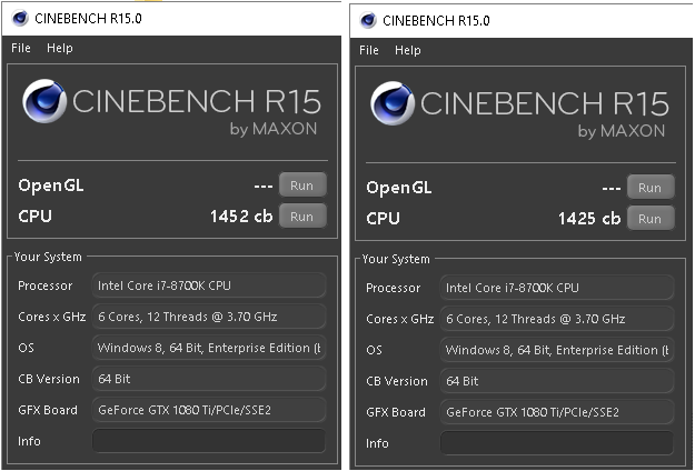 Výkon Cinebench R15, nalevo MSI Infinite X, vpravo Core i7-8700K default